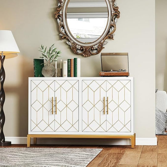 47.8" Accent Storage Cabinet with 4 Doors, Modern Sideboard Buffet Cabinet with Gold Lines, Wood Decorative Credenza with Storage for Living Room, Kitchen, Dining Room, Entryway, White