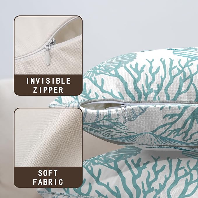 Nautical Coastal Blue Throw Pillow Covers 20x20 Set of 2 Summer Turquoise Teal Beach Outdoor Pillow Cover Coral Seashell Starfish Ocean Decorative Pillow Cases for Living Room Couch Sofa