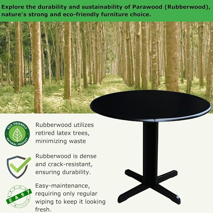 IC International Concepts, Dual Drop Leaf Table - 36", Solid Wood, Real Parawood, 36" W x 36" D x 30" H, Easy Assembly, Black