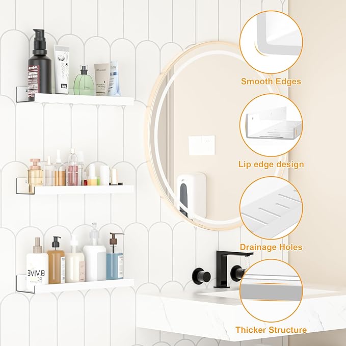 Floating Shelves – Acrylic/PET Wall-Mounted No Drill Storage with Adhesive, Invisible Bathroom & Bedroom Shelving for Kitchen, Living Room, Transparent Decor (White, 2-Piece Set)