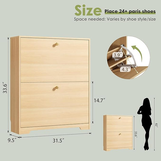 Nicetree Shoe Storage Cabinet with 2 Flip Drawers, Slim Shoe Cabinet, Hidden Shoe Rack Cabinet, Shoe Storage Cabinet for Entryway, Hallway, Foryer, Natural Oak
