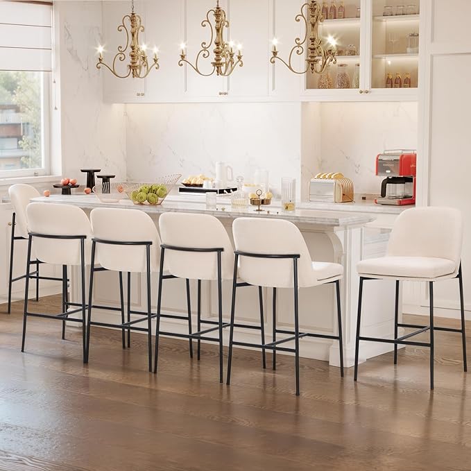 Bar Stools Set of 6, Modern Upholstered Counter Height Bar Chairs with Cushioned Seat and Curved Back, Fabric Kitchen Island Stools with Sturdy Metal Legs for Dining Room Island Bar, Beige