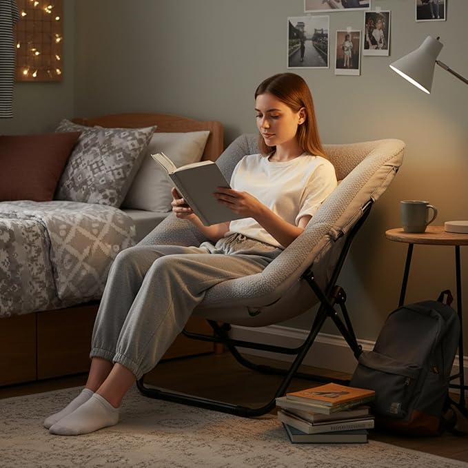 Tiita Comfy Saucer Chair, Soft Faux Fur Oversized Folding Accent Chair, Lazy Chair for Teens Adults, Metal Frame Moon Chair for Bedroom, Living Room, Dorm Rooms, X-Large, Grey
