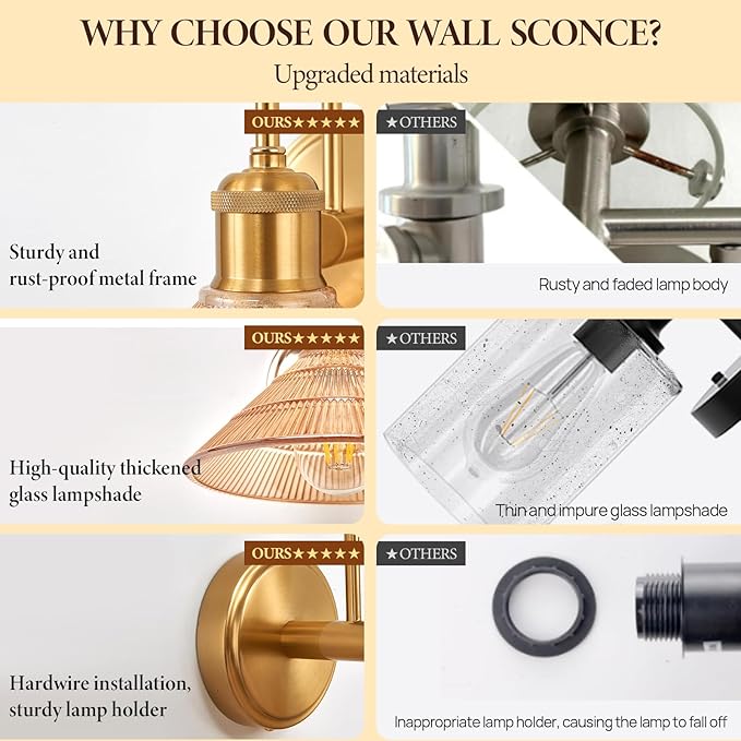 Wall Sconce Set of 2, Gold Vintage Light Fixtures with Round Amber Glass Lampshade, Hardwired Sconces Wall Lighting for Bedroom, Bathroom, Living Room | Includes 2 LED Bulbs