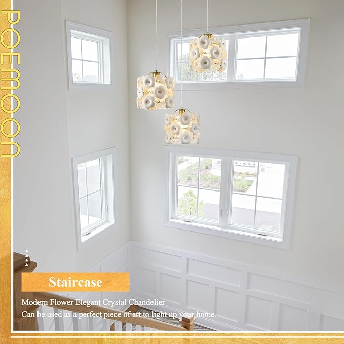 3-Lights Flower Glass Chandelier Modern Gold Cluster Pendant Light Fixture Adjustable Elegant Pendant Lighting for Dinning Room Bedroom Kitchen Island Hallway Entryway