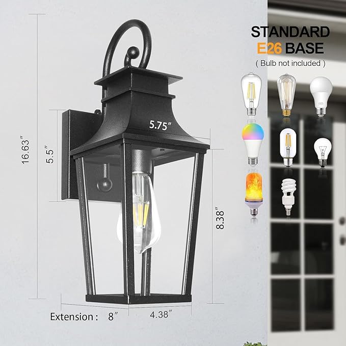 ALVIME Dusk to Dawn Outdoor Wall Lighting, 17 Inch Matte Black Outdoor Sconce Lights, Exterior Light Fixtures for House, Front Door, Porch, Patio, Garage, E26 Base& High Strength Clear Glass