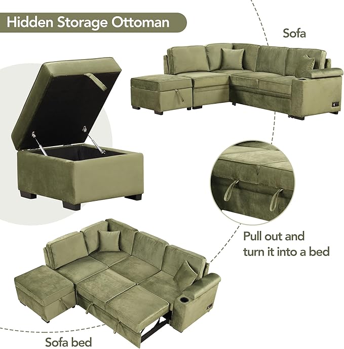 ERYE 84-Inch Left Facing Corner Sleeper Sectional Sofa with Pull Out Sleeper Couch Bed and Storage Ottoman,L-Shaped Corner Convertible Sofa Bed W/Cupholder & Padded Armrests | USB Charging Ports, 3-pin Plug Socket