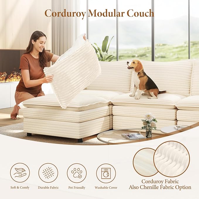 Vesgantti 101" V-Shaped Corner Couch Sectional, 7 Seat Customizable Modular Cloud Couches with Movable Ottoman, Corduroy Deep Seat Sofa Set with Chaise for Living Room, Bedroom and Apartment, Beige | Sink-in Comfort, Height Adjustable, Easy Rearrangeme...