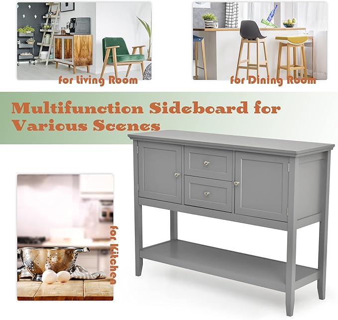 LOKO Buffet Cabinet with Storage, Multifunctional Console Table with Ample Storage Space, Sideboard with Drawers for Kitchen, Dining Room, Living Room or Entryway, 46 x 15 x 34 inches (Grey)