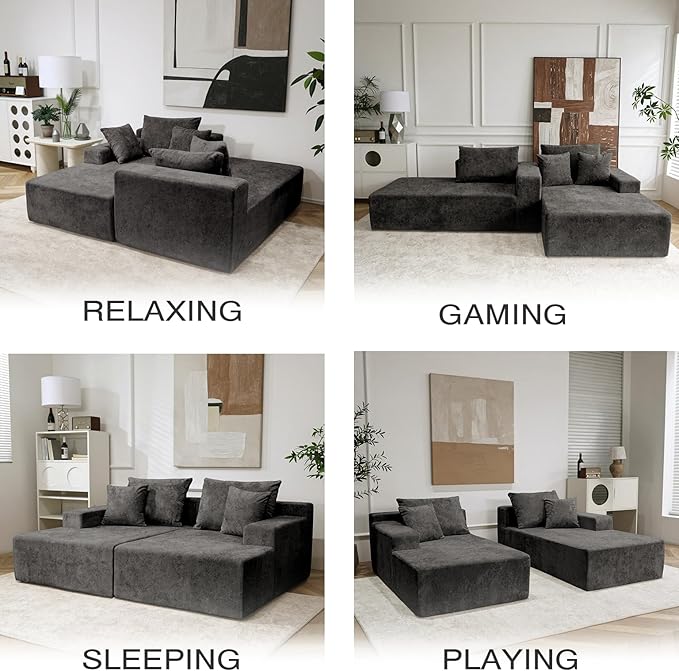 Sytopia Loveseat Chaise Lounge with Armrests, Oversized Sofa Bed with 4 Pillows, Cozy Boneless Sleeper, Modular Sectional Couch for Living Room Bedroom, Floor Chair Furniture sala Chenille, Black