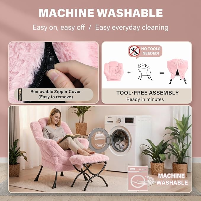 Lazy Chair and Ottoman, Large Contemporary Plush Pink Accent Chair with Side Pocket, Modern Leisure Upholstered Reading Armchair with Footrest for Office, Bedroom, Living Room, Dorm, Balcony