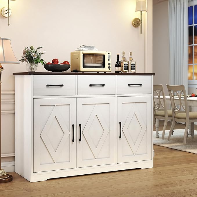 Modern Farmhouse Sideboard, White Wooden Buffet Cabinet with 3 Drawers & Adjustable Shelves for Kitchen, Living Room, Entryway, Coffee Bar