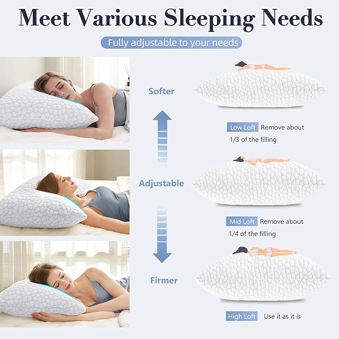 Yettbea Adjustable Shredded Memory Foam Pillows Queen Size Set of 2, Luxury Cooling Bamboo Rayon Pillow w/Washable Zippered Cover, Soft or Firm Support Bed Pillow for Side, Back, Stomach Sleeper