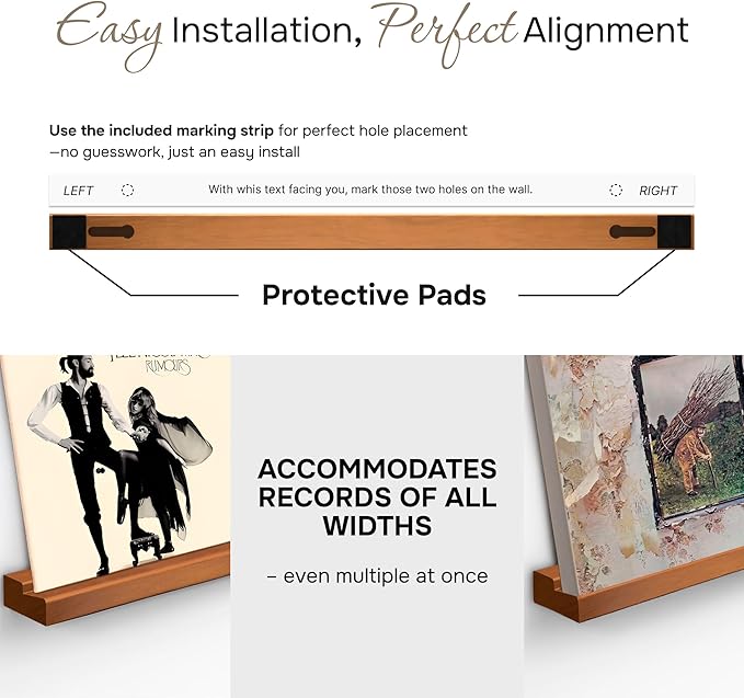 VOL-KI 4-Pack Vinyl Record Shelf Wall Mount – Solid NZ Pine Wood Floating Vinyl Display Shelf & Record Holder, Includes Now Playing Display, Marking Strip & Mini Level (Brown Pine)
