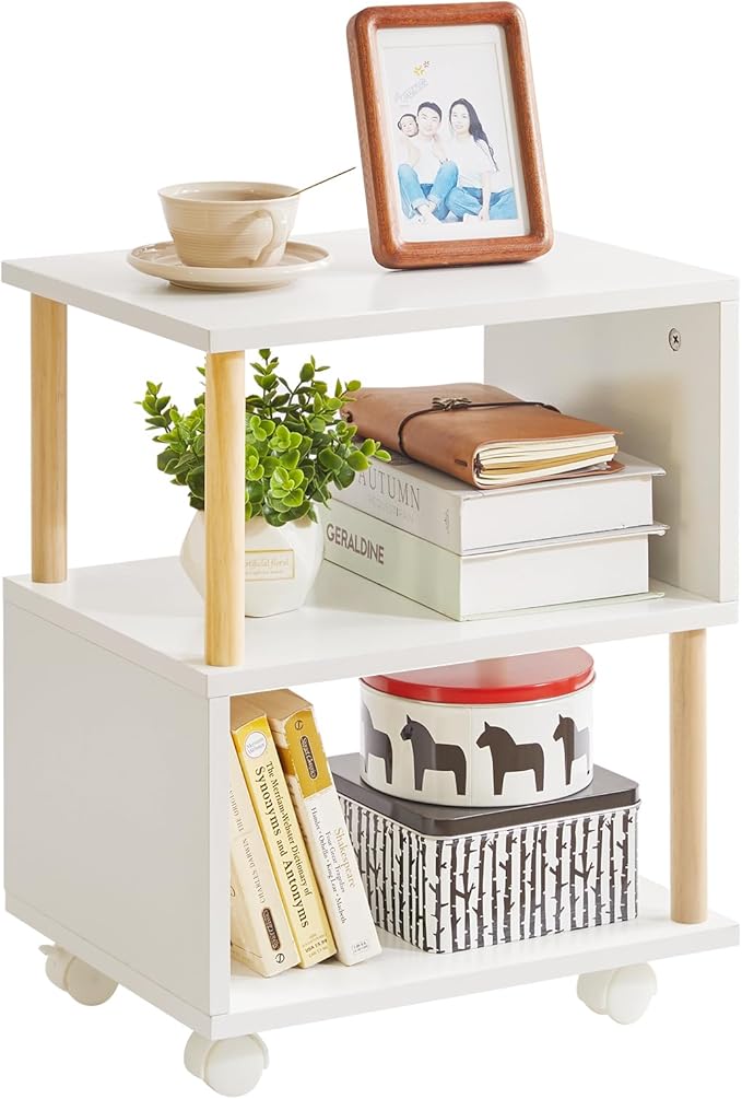 Wooden Night Stand with Open Shelf, Nightstand with Wheels, S-Shaped Bed Side Table 3 Tier, 20 inch High End Table White YD-TM155W
