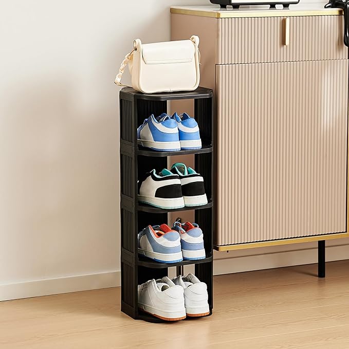 Small Shoe Rack, 5 Tier Plastic Vertical Shoe Rack for Small and Narrow Spaces, Free Standing Shoe Organizer for Closet, Entryway (Black)