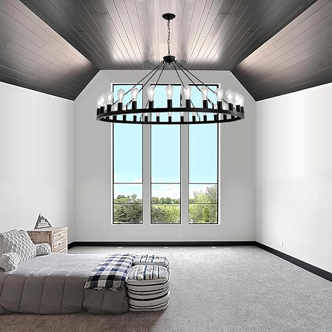 Wagon Wheel Chandelier Farmhouse 53" 30-Light Large Black Farmhouse Round Wheel Chandelier Light fixtures Outdoor Wagon Wheel Chandeliers for Porch high Ceilings Dining Room Living Room