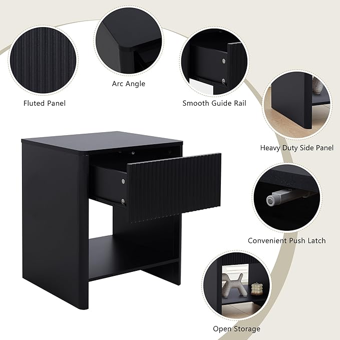 Fluted 1 Drawer Small Dresser for Bedroom, Mid Century Modern Nightstand with Drawer, Low Bedside Table with Drawer, End Table Short Storage, Living Room, Dorm -Black