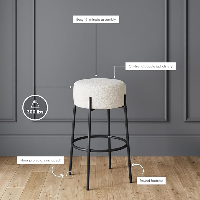 Nathan James Isaac 29" Modern Backless Bar Stool with Round Soft Padded Boucle Seat and Metal Mid-Century Base, Boucle White/Black
