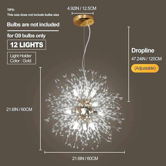 Depuley Gold Dandelion Light Fixtures, 12-Light Crystal Chandelier Lights Sparkle Pendant Light, Firework Starburst Chandelier Design for Living Room, Bedroom, Stairs, Hallway, G9 Bulb Not Included