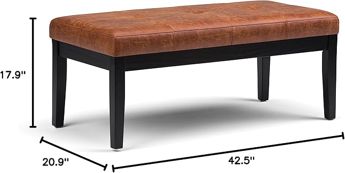 SIMPLIHOME Lacey Tufted Ottoman Bench - 41 inch Wide Upholstered Vegan Leather Rectangle Ottoman in Distressed Saddle Brown, Contemporary Bench for Bedroom or Entryway with Stitching Detail, Assembled