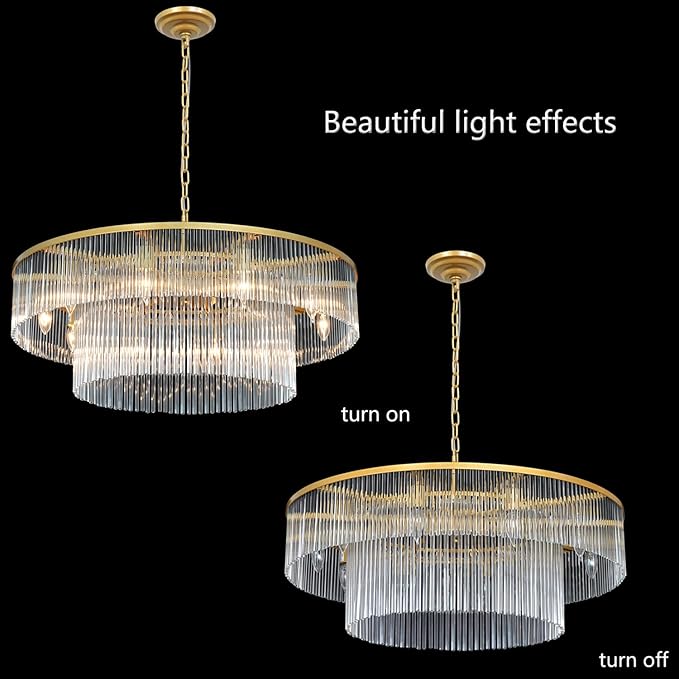 Gold Glass Chandelier Lighting Modern, 10 Light 2 Tier High Ceiling Chandelier Fixture Foyer Dining Room Ceiling Hanging Pendant Lighting Living Room 32"