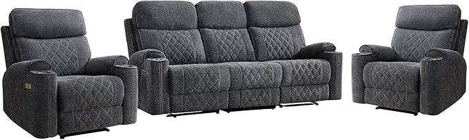 EBELLO Power Reclining Sofa Set, 2 Fabric Electric Recliner Chair and 3 Seater Sofa Couch with Cup Holders, USB Type-C Charging Ports, 5 Seats for Small Living Room, and Meeting Room, Grey