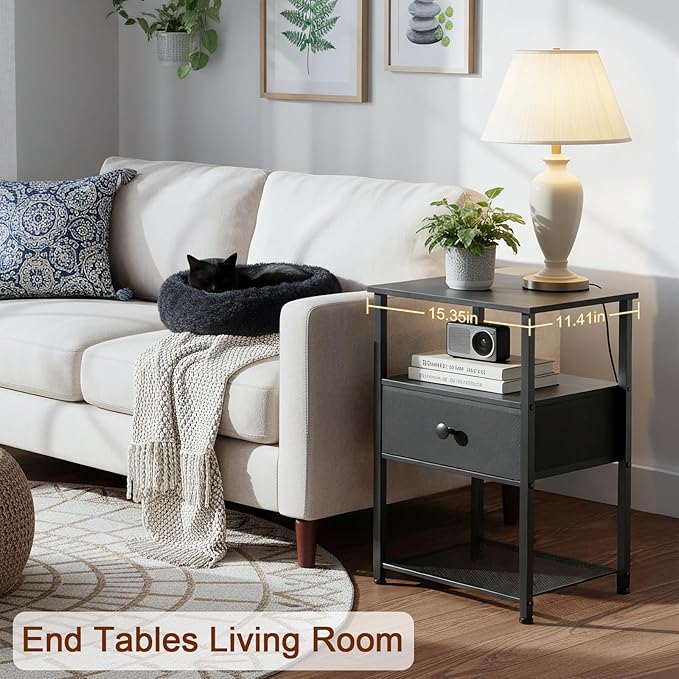 Night Stand Set 2, Nightstand with Charging Station, End Tables Living Room with Fabric Drawer for Small Spaces, Bed Side Tables with Storage Shelf for Bedroom, Black, HETS010BK