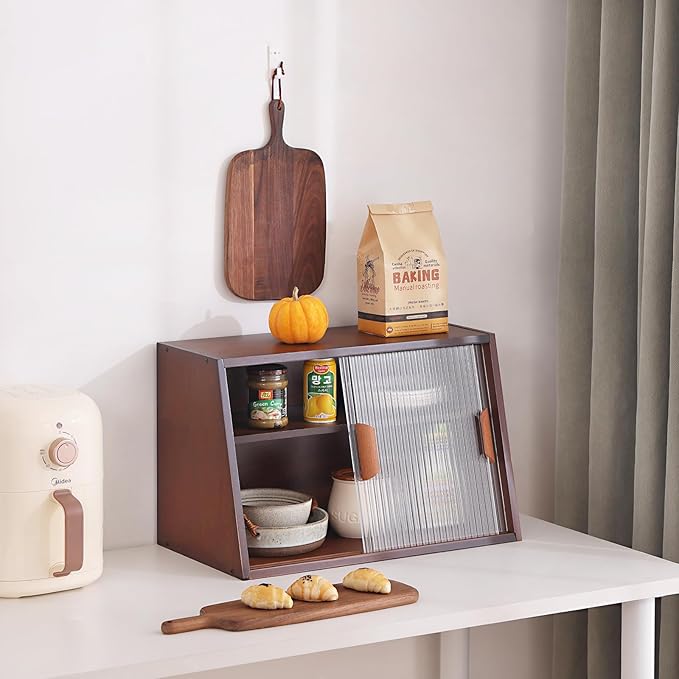 Tiita Small Kitchen Pantry Cabinet, Bamboo Sideboard with Glass Doors, Cupboard Food Pantry Cabinet for Kitchen, Living Room and Dinning Bedroom