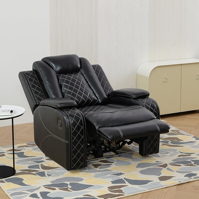 Power Recliner with LED, Black Leather Reclining Chair for Living Room, Muti-Functional Recliner with Storage Armrest/USB Ports for Living Room/Bedroom/Office