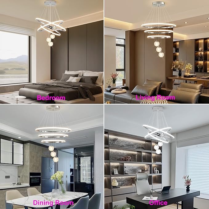 LED Modern 3 Ring Chandeliers for Dining Room, 24in Dimmable Kitchen Pendant Lamp, Silver Dining Room Light Fixtures Ceiling Hanging Over Table, Globe Round Chandeliers for Living Room, Chrome