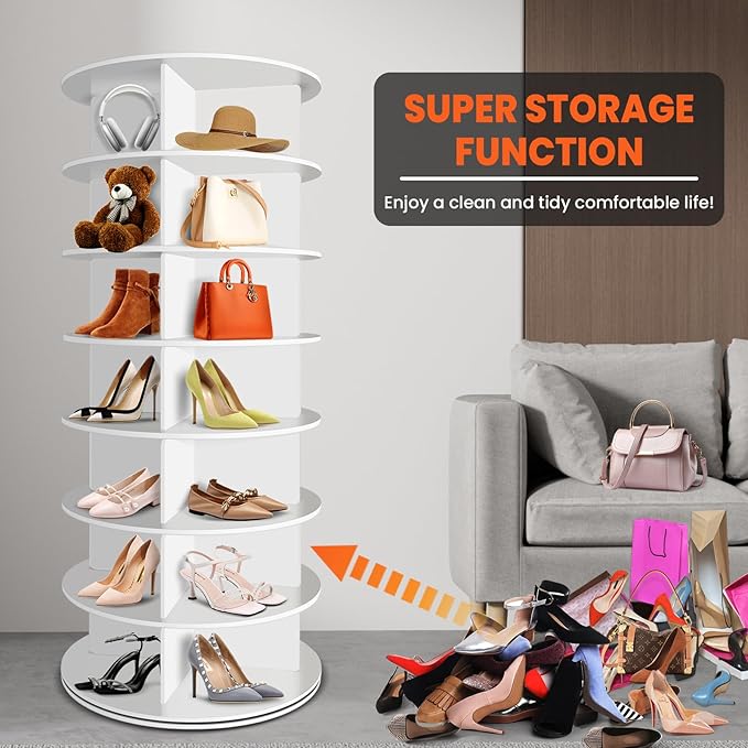 7 Tier Rotating Shoe Rack Corner Organizer 360°Rotating Shoe Rack Tower Spinning Shoe Rack Tower for Bedroom Entryway Closet Holds 28-32 Pairs of Shoes Handbags Hats Display Decor