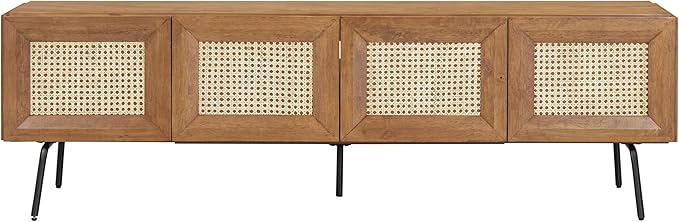 NTC Mossic TV Media Cabinet with 4 Doors for TVs, Entertainment Center with Natural Rattan, Metal Legs, Modern Storage Console for Living Room and Bedroom, Effortless Assembly, Teak Look