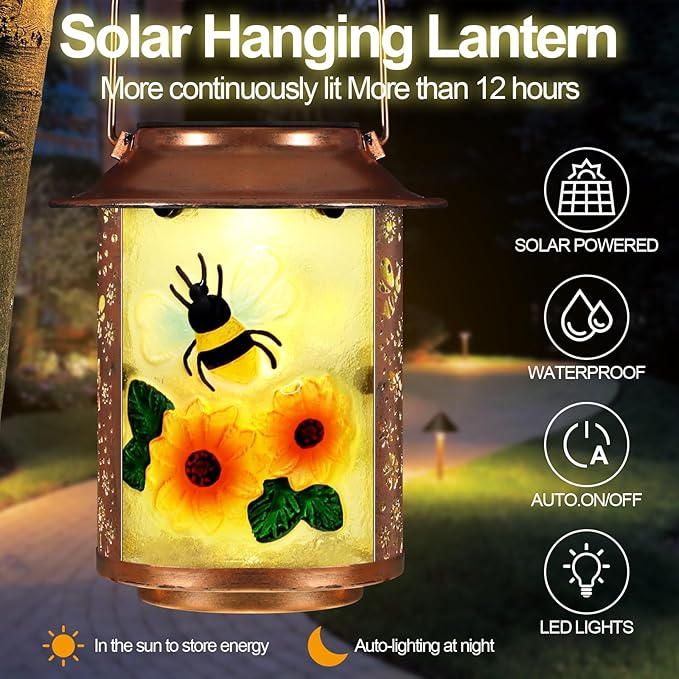 Bees Solar Lanterns Outdoor Waterproof,Birthday Gifts for Women Mom Grandma Garden Decor,Hanging Solar Lights Wall Mount Decorations for Yard,Front Porch,Patio,Lawn Pathway Landscape