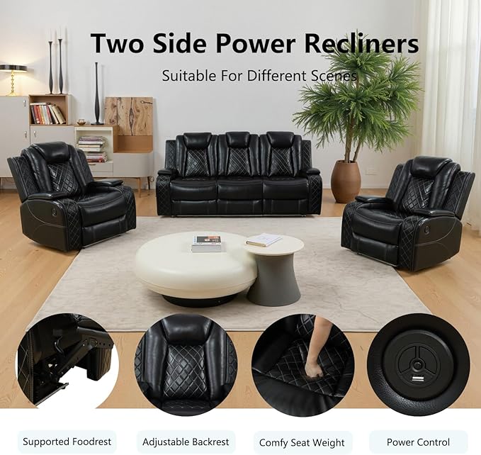 Power Recliner Sofa Set, Air Leather Reclining Couch with LED, 3 Pieces Reclining Living Room Furniture, Black Leather Sofa and Loveseat Chair for House/Apartment/Office