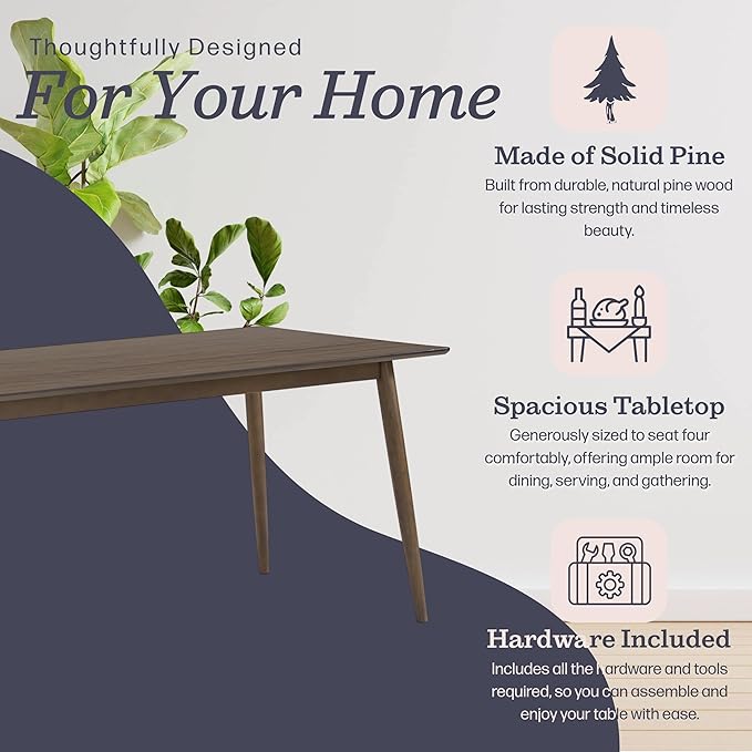 Alaterre Furniture Calais Dining – Mid Century Modern 59-Inch Rectangular Dining Table for 4 – Solid Wood Kitchen and Dining Room Table with Minimalist Design (Walnut Finish)