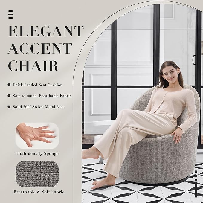 COLAMY Swivel Accent Chair Set of 2, 360° Swivel Round Chair with Hidden Storage, Modern Small Barrel Armchair for Living Room/Bedroom, LightGrey, Textile Material