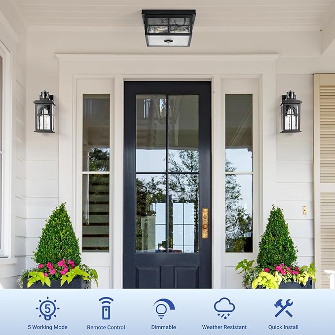 VIANIS Motion Sensor Outdoor Ceiling Light with Remote Control, 2-Light Black Modern Outdoor Flush Mount Light for Garage, Porch, Entryway, Square, Upgraded 5 Lighting Modes Adjustable Distance Time
