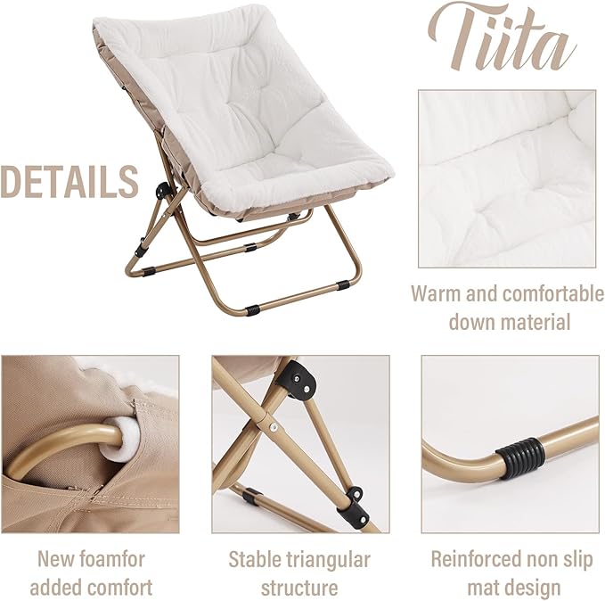 Tiita Folded Chair with Ottoman, Soft Faux Fur Oversized Folding Accent Chair,Lazy Chair, Metal Frame Moon Chair for Bedroom, Living Room, Dorm Rooms, Garden and Courtyard