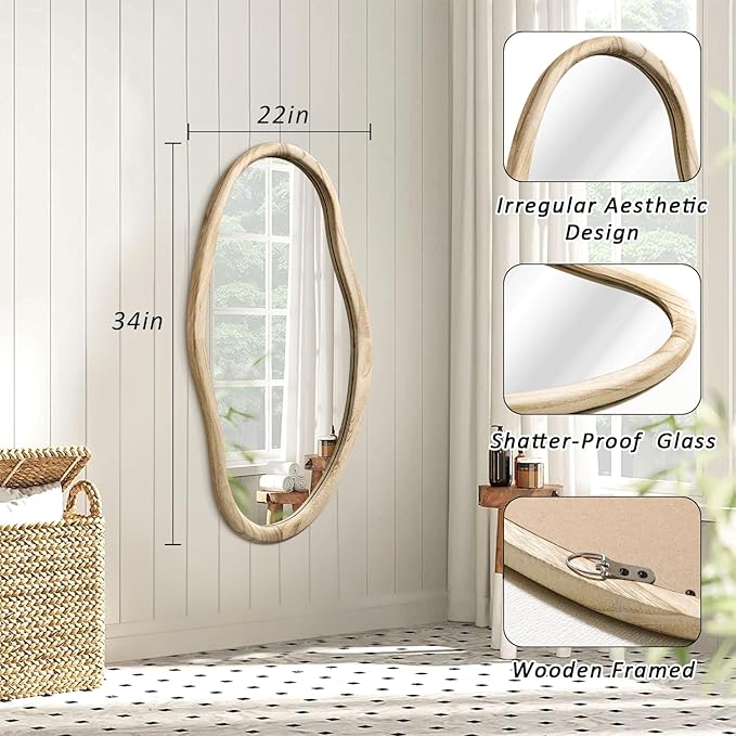 JJUUYOU Irregular Wood Mirror Asymmetrical Bathroom Wall Mounted Mirror 34"x22" Large Horizontal or Vertical Hanging Wall Mirrors for Makeup Bedroom Living Room Wood
