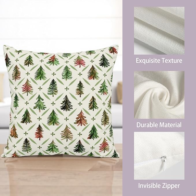Christmas Throw Pillow Covers 22x22 Set of 2 Watercolor Green Red Xmas Tree Rustic Style Print Decorative Pillow Cases Winter Farmhouse Holiday Outdoor Pillowcase for Couch Sofa Porch