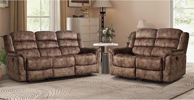 EBELLO 2 Pieces Reclining Couch Furniture Set, Overstuffed Reclining Loveseat Couch and Wide 3PC Bonded Recliner Sofa Set for Living Room, Brown