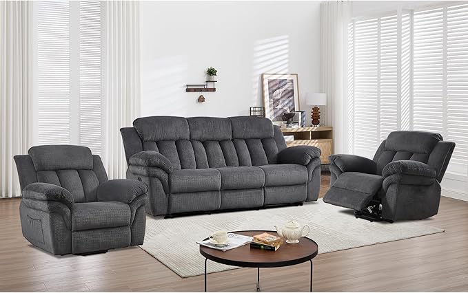 CANMOV Recliner Sofa Set, 2 Oversize Power Lift Recliner Chair and Manual Loveseat with Overstuffed Armrest for Living Room,Bedroom Furniture,Office,1+1+3 Seat, Grey