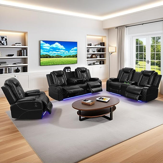 Power Recliner Sofa Set for Living Room, Leather Power Reclining Sofa Sets with LED Lights, Console Storage, Recliner Couch with USB Port(Sofa, Loveseat and Chair,Black)