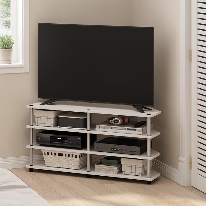 Furinno ECON TV Stand, 4-Tier Corner Entertainment Center, TV Console for TV up to 55 Inch, Easy Assembly, for Living Room, Bedroom, White Oak/Stainless Steel Tubes