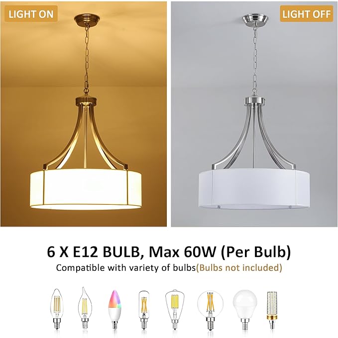 20" Modern Nickel Farmhouse Drum Chandeliers for Dining Room, 6-Light Rustic Drum Pendant Light with White Fabric Shade, Hanging Light Fixture for Living Room Bedroom Foyer Kitchen Island Entryway
