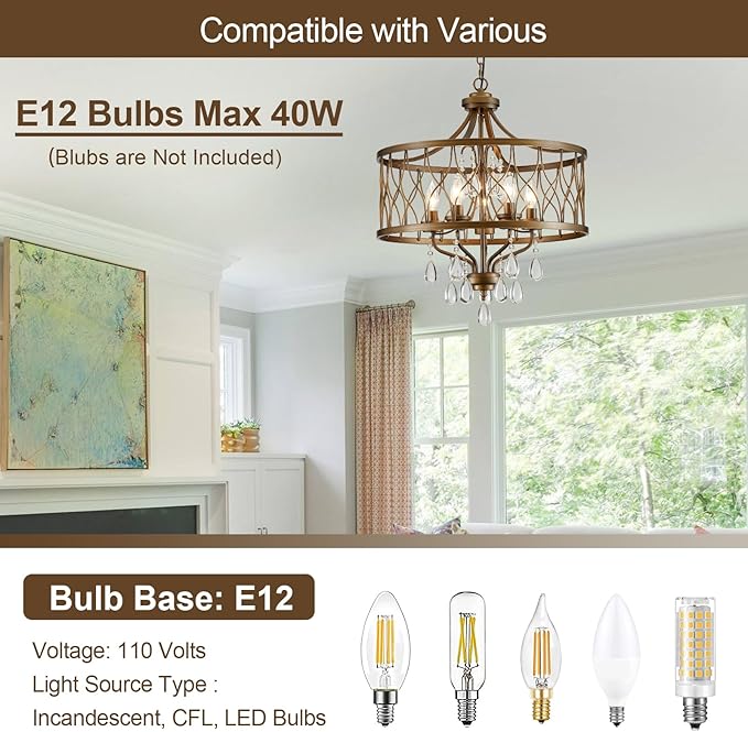 Modern Crystal Chandelier, 5-Light Farmhouse Bronze Chandelier for Dining Room Vintage Hanging Pendant Light Fixtures Round Chandelier for Kitchen Island Entryway Foyer Bedroom Office Bar