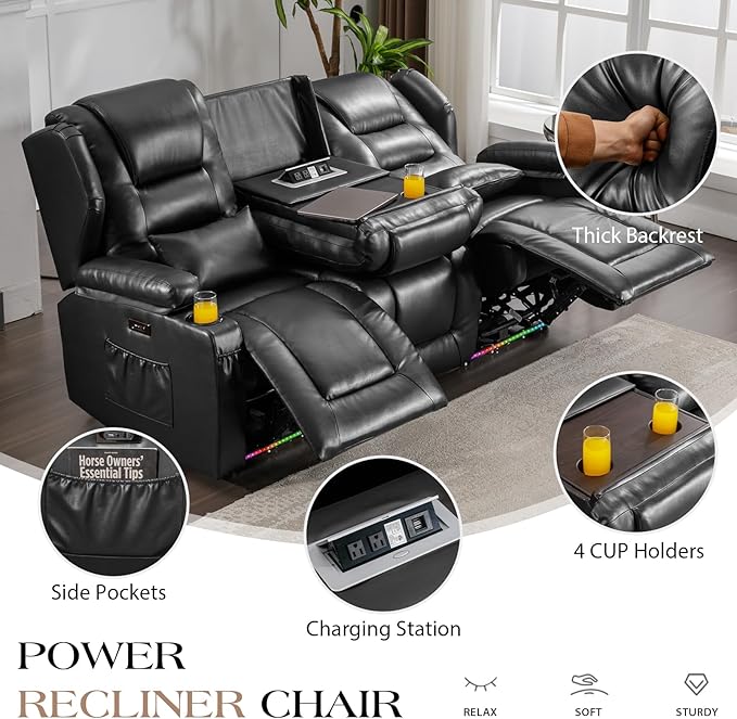 Oprisen 3-Seater Power Recliner Sofa Couch Flip Middle Backrest Reclining Sofa Chair for Living Room with Charging Station/Cup Holders/LED Ambient Light