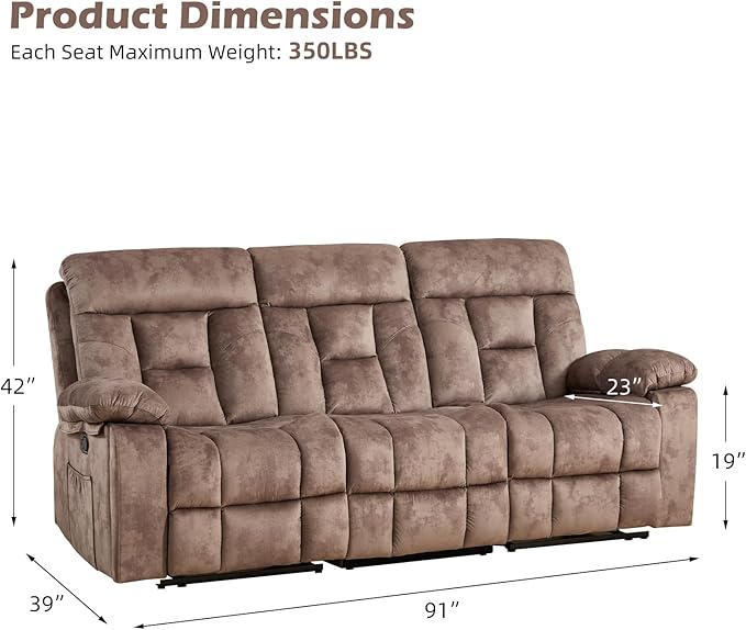 CANMOV 3 Seat Manual Recliner Sofa, Modern Reclining Sofa with Overstuffed Armrest, Hidden Cup Holders, for Living Room, Camel-Brown