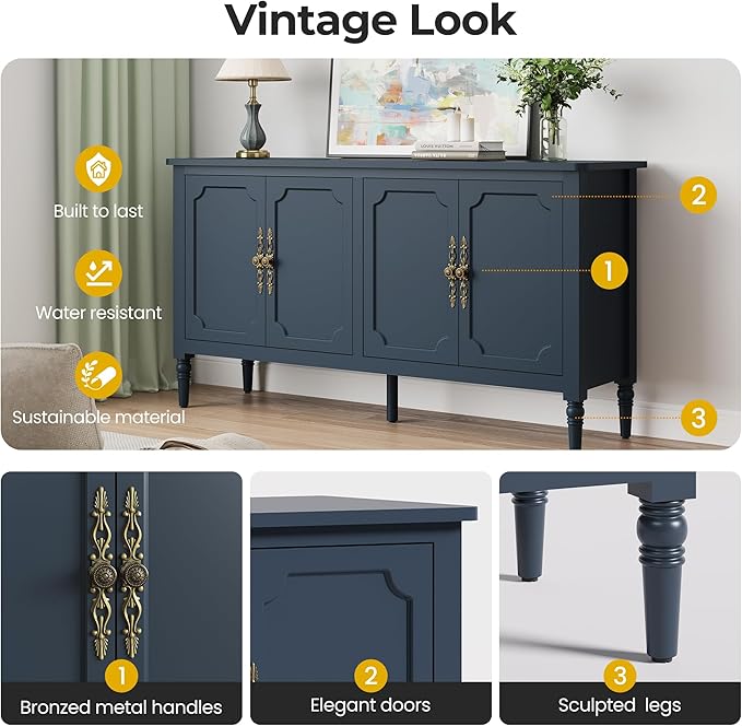 Console Table, 58'' Mid Century Modern Pantry Cabinet, Wood Buffet Sideboard, Media Credenza with 4 Doors, Accent Storage for Entryway, Living Room, Bedroom, Dining Room(Coastal Blue-1)